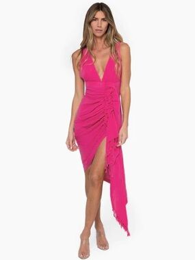Just Bee Queen Tulum Dress Fuchsia Linen Ruched Asymmetrical M USA